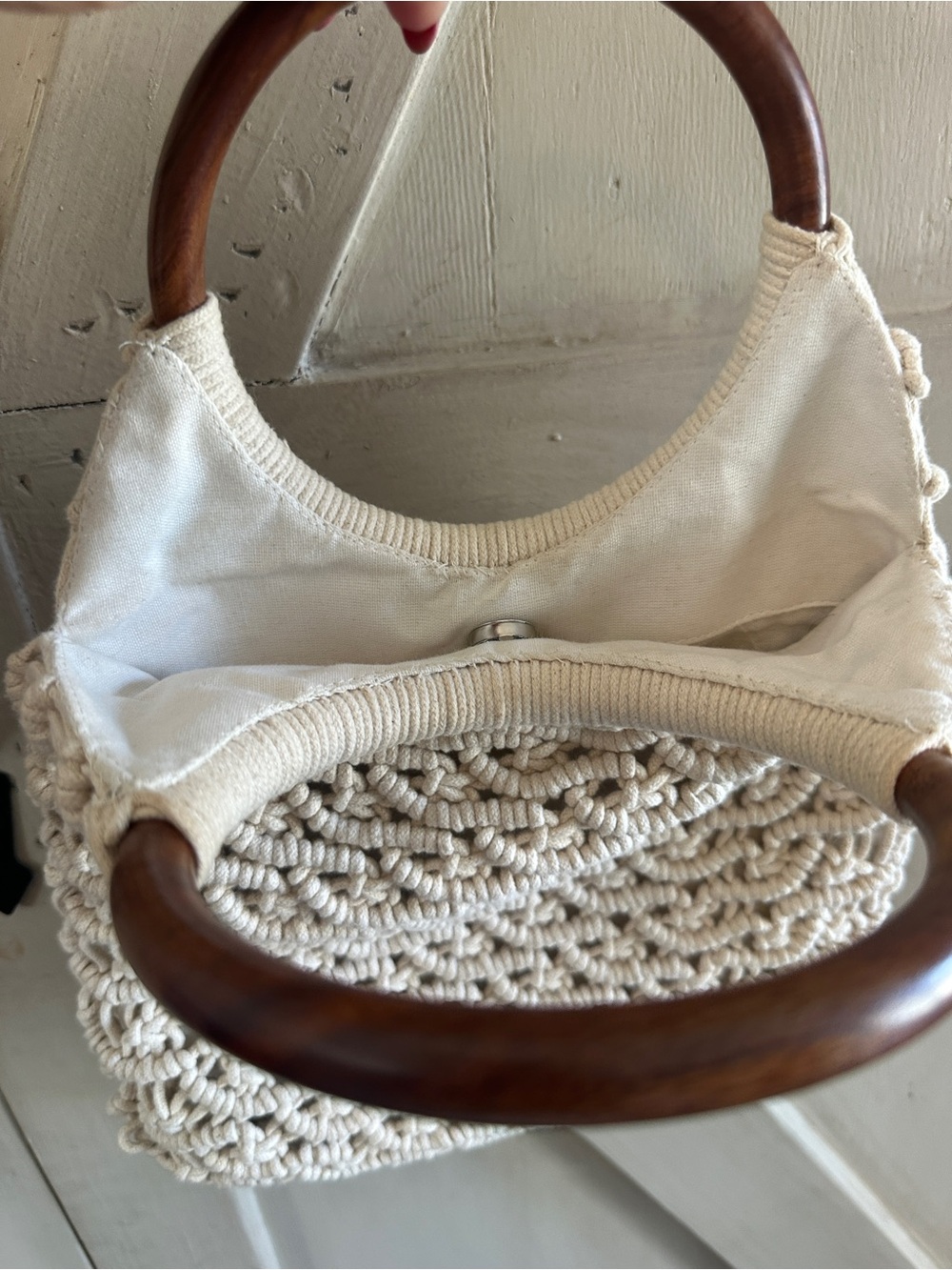 Sigrid Olsen Macramé Handbag Cream Cotton Rope Wooden Ring Handles Boho - Picture 5 of 8